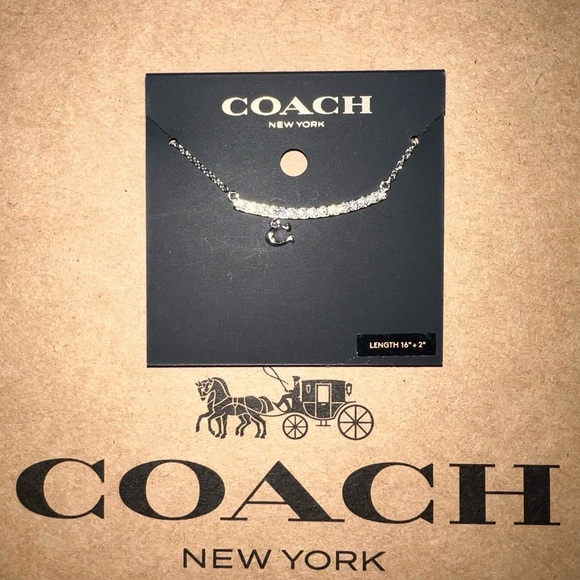 NWT Coach Silver Pave Bar Necklace Crystal Smile C Logo Charm 91431 Gift Bag - Picture 2 of 6